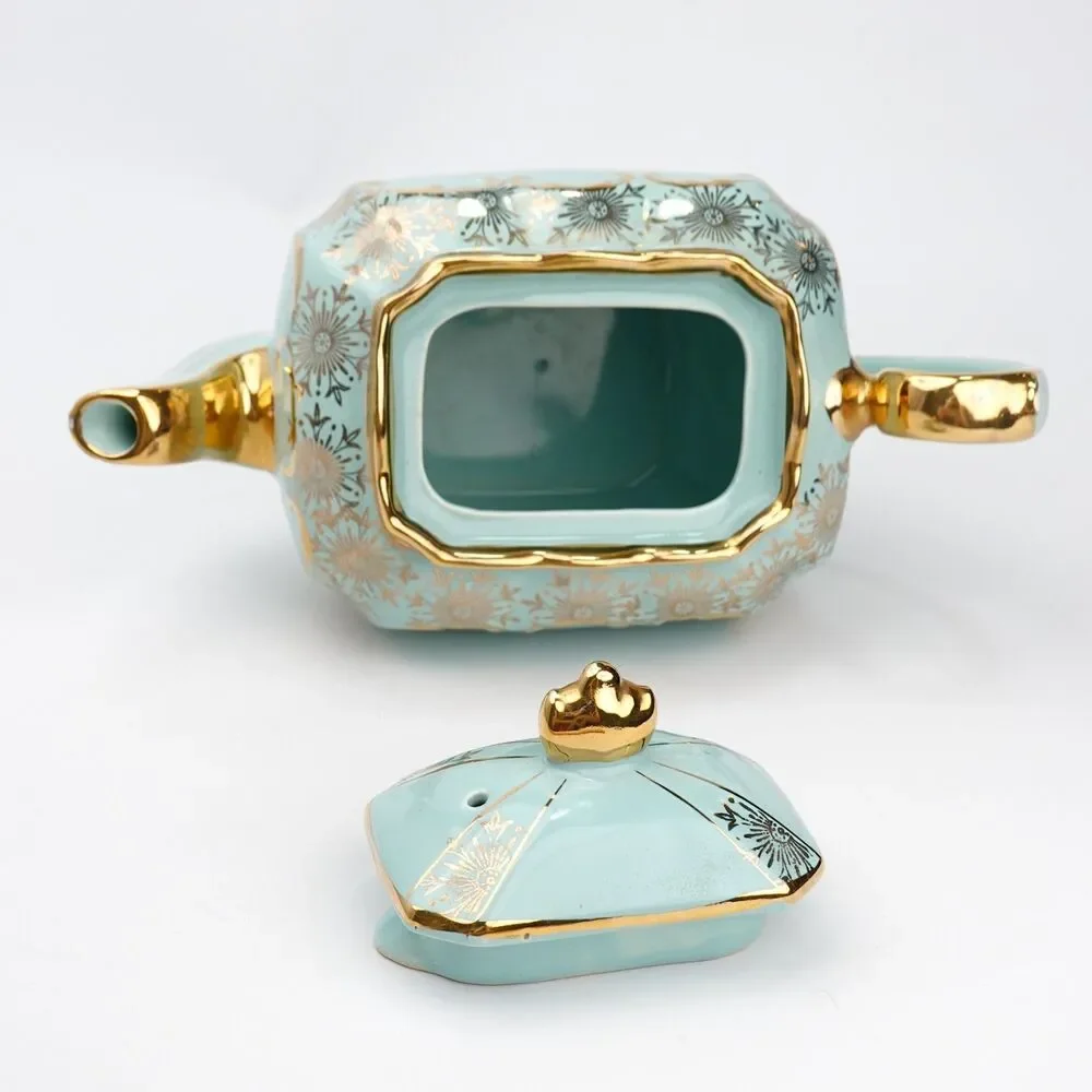 Rare SADLER Cube Teapot GREEN Gold Gilt Filigree Made in England #2085